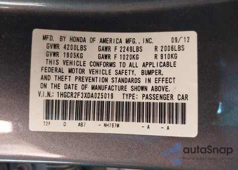 2013 Honda Accord Lx из США, поврежденный, VIN 1HGCR2F3XDA025019